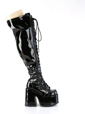 Black Stretch Patent Thigh-High Boots with Full-Length Outside Metal Zip